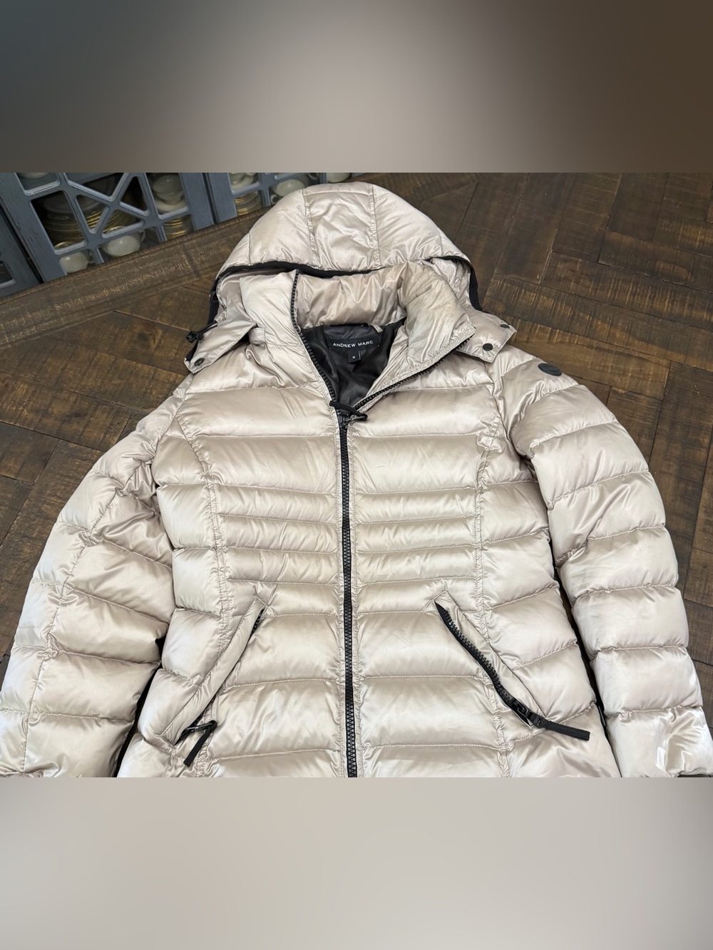 Andrew Marc Light Taupe Quilted Hooded Puffer Coat